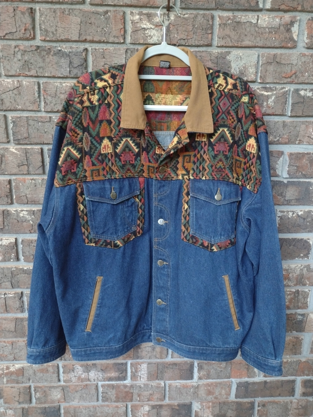 BOXX Blue Jean Trucker Jacket Men's XL Aztec Tapestry Accents Western Rodeo
